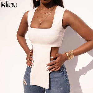 Solid Top Short Women Skinny Sleeveless X-Long Cleavage Square Collar Hot Summer Fashion Hipster Casual High Streetwear
